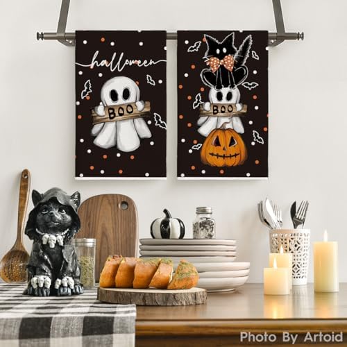 Artoid Mode Black Cat Ghost Halloween Kitchen Towels Set of 2 18x26 Inch