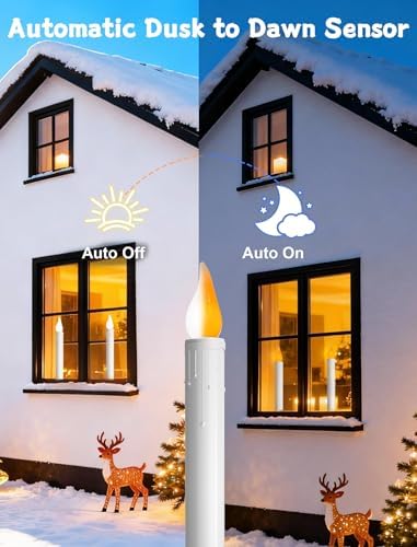 4 Pack Christmas Window Candle Lamps with Sensor Dusk to Dawn,10 Inch Battery Operated LED Window Candles with Flickering Amber Flame for Weddings Table Christmas Decor, Gold Plated Base