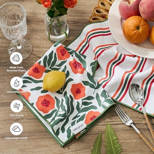 RECYCO Waffle Kitchen Towel Set of 2 - Quick Dry Microfiber Sustainable Dish Towels - Ultra Absorbent Reusable Cleaning Tea Towels - Lightweight Hand Towels,16”x 28”, Poppy Waves