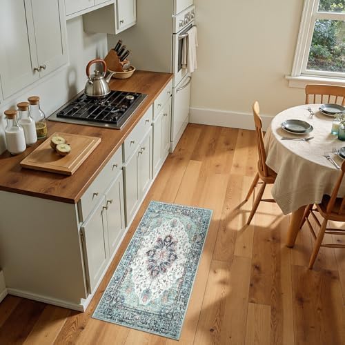 RELEANY Washable Area Rug, Small 2'x4', Teal Green/White/Navy