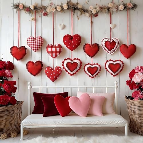 Breling 12 Pcs Valentines Red Felt Heart Ornaments, 3.75 in Hanging Decor
