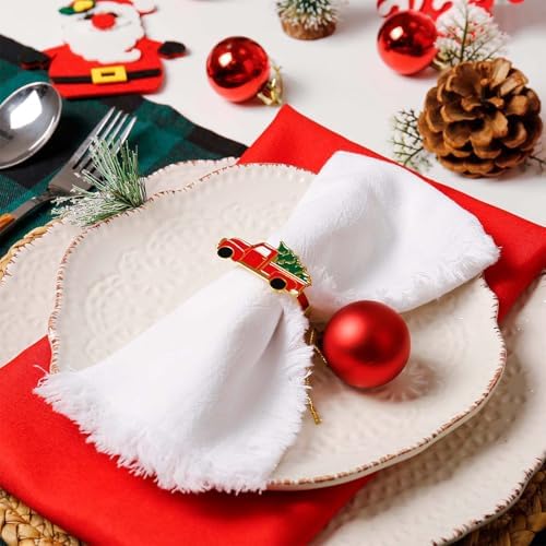 Christmas Car and Tree Napkin Rings Set of 6, Xmas Festive Holiday Red and Green Napkin Rings Holder for Christmas,Thanksgiving,Dinner Party Table Decoration