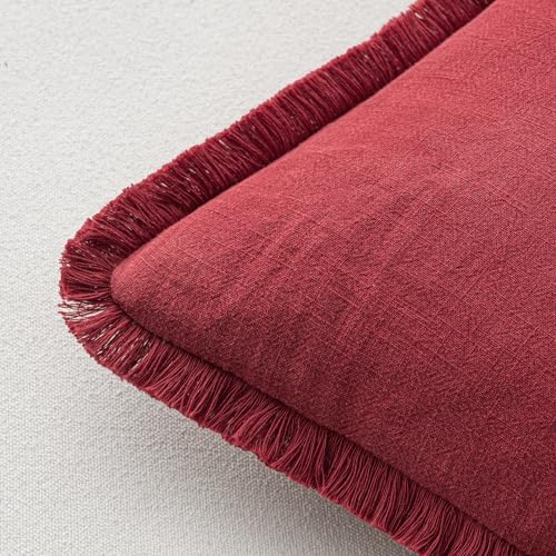 MIULEE Boho Linen Fringe Decorative Throw Pillow Covers Burgundy 18x18