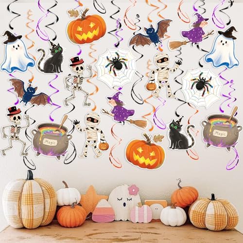 Halloween Hanging Swirls, 48Pcs Halloween Ceiling Hanging Decorations Ghost Pumpkin Witches Swirls Streamers for Indoor Outdoor Party Supplies