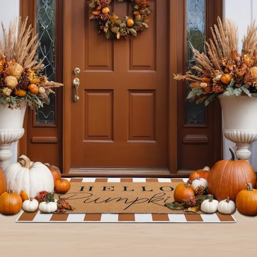 Tinideya 2 Pcs Hello Pumpkin Layered Doormat Set, White Orange