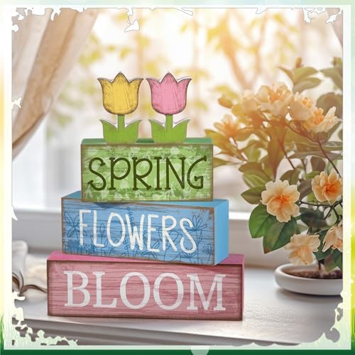 Moucuny 4 Pcs Spring Wooden Block Signs Farmhouse Table Tiered Tray Decor