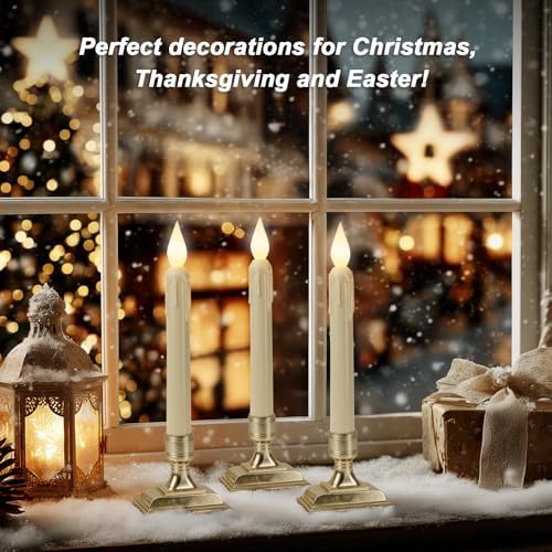 6 Pcs Sensor Dawn to Dusk Window Candles, Flickering Battery Candles for Windows, Ultra Bright Fake Candle Lights with Gold Holders, Led Candlesticks for Xmas Home Decor, White Light
