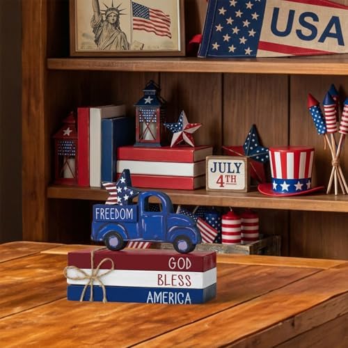 Smile 4pcs Veterans Day Patriotic Memorial Day Indoor Decorations Wooden Decor Table Centerpiece God Bless America Wooden Plaque Ornaments for Home Kitchen