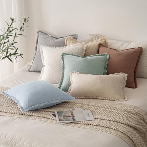MIULEE Boho Linen Fringe Decorative Throw Pillow Covers Sky Blue 18x18