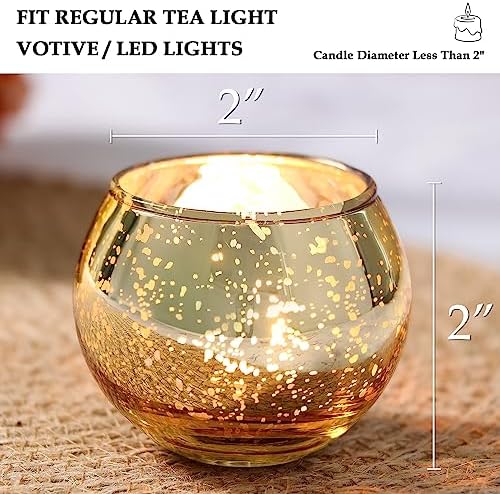 Volens Round Gold Votive Candle Holders, Mercury Glass Votives Set of 12