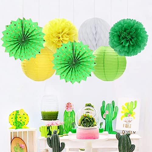 Yellow-White Green Party-Decorations Streamers-Lanterns - 14pcs Spring Summer Garden Tea Paper Fan,Birthday Baby Bridal Shower Wedding Tissue Pom Poms,Classroom Honeycomb Balls Decor Lasting Surprise
