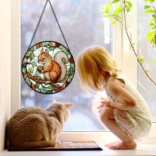 Red Squirrel with Acorn Stained Glass Window Hanging Suncatcher Gift 6.3"