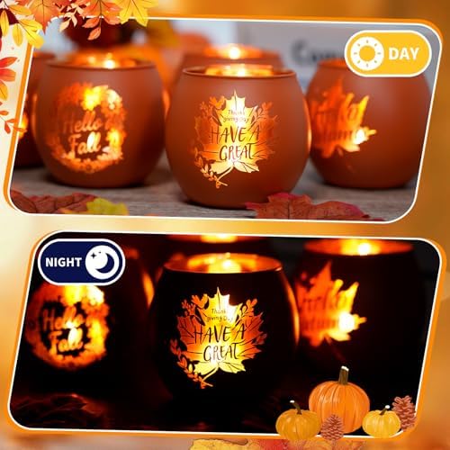 6 Pieces Thanksgiving Candle Holders Orange Pumpkin & Leaf Engraved Tealight Holders for Fall Table Centerpieces, Wedding & Home Decor Indoor and Outdoor