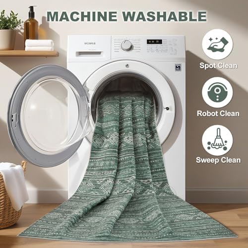 Nakagishi Area Rugs 9x12 Living Room: Washable Boho Large Neutral Modern Soft Farmhouse Green Rug Stain Resistant