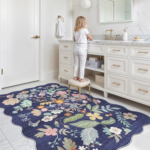 4x6 Living Room Area Rugs: Washable Boho Bedside Rug Non-Slip Floral Small Low Pile Carpet for Kitchen Bedroom