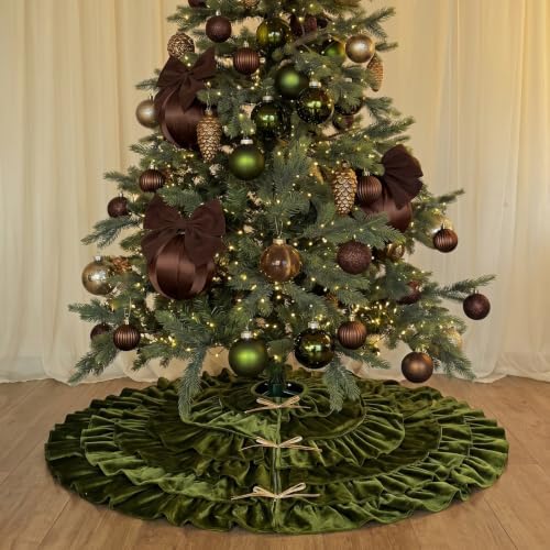 Velvet Christmas Tree Skirt, 48 Inches, 5-Tier Ruffle, Olive Green
