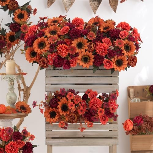 2 Pcs Fall Artificial Sunflower Peony Bouquet, Burnt Orange Burgundy Silk Faux Flower, Autumn Faux Floral Arrangements for Wedding Table Centerpiece Thanksgiving Farmhouse Indoor Outdoor Decor