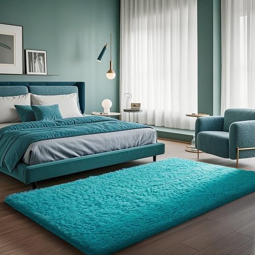 Ophanie Teal Rugs for Bedroom Living Room, Fluffy Fuzzy Furry Carpet, Plush Soft Shaggy Bedside Indoor Floor 4x6 Area