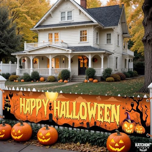 Katchon Happy Halloween Banners For Outside- Orange And Black Yard Sign