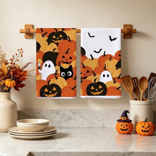 Hexagram Halloween Kitchen Towels, Ghost Cat Halloween Hand Towels