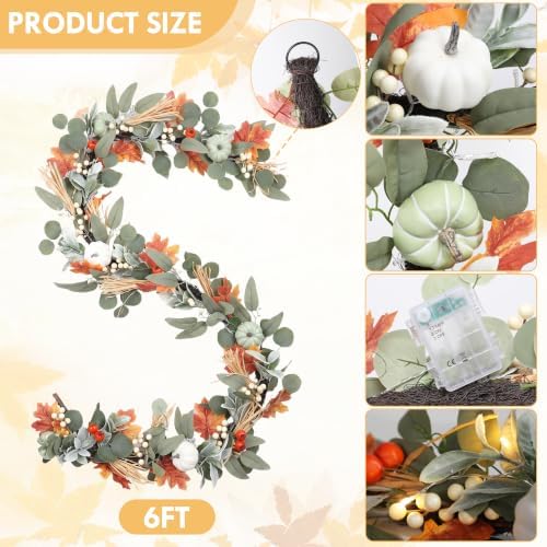 MUMTOP Lighted Fall Garland Eucalyptus Pumpkin, 6FT Thanksgiving Decor