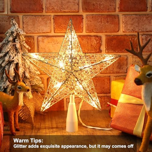Brizled Gold Christmas Tree Topper, 9“ Hollow-Out Xmas Star with 10 Lights