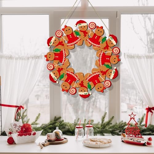 Merry Christmas Gingerbread Man Front Door Wreath, Xmas Wooden Gingerbread Boy Hanging Sign Christmastree Topper Ornament Wall Door Candy Hanger Outdoor Outside Porch Party Decor Supplies