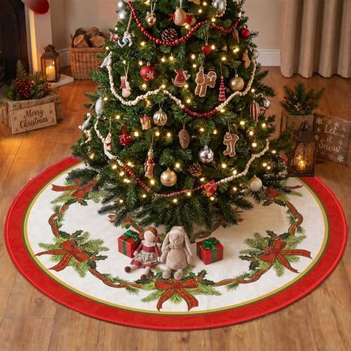 AVOIN colorlife Christmas Tree Skirt 48 Inch, Christmas Ribbon Holly Winter Holiday Tree Mat Decoration