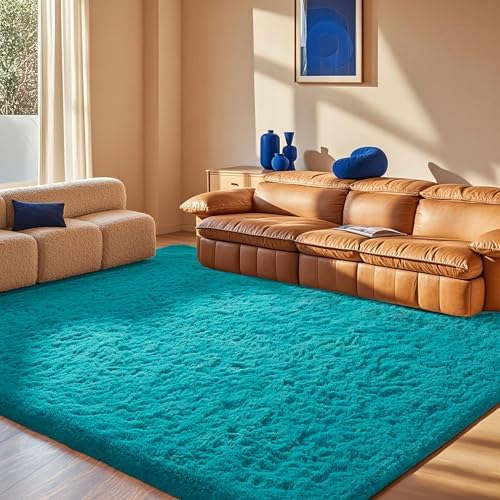 Ophanie Teal Rugs for Bedroom Living Room, Fluffy Fuzzy Furry Carpet, Plush Soft Shaggy Bedside Indoor Floor 4x6 Area