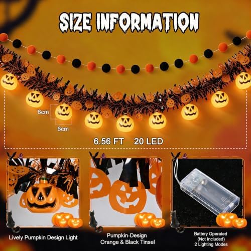 Halloween Garland with Lights, Halloween Tinsel Garland 10FT 20LED