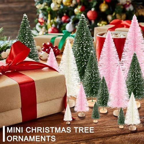 30Pcs Mini Christmas Trees Artificial Christmas Tree Bottle Brush Trees with Wooden Base for Christmas Decor Christmas Party Home Table Craft Decorations(Green+Beige+Pink)