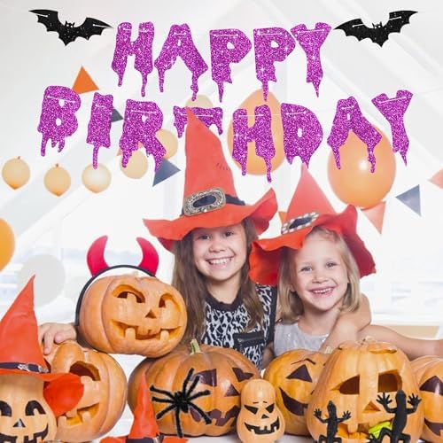 Purple Glitter Happy Birthday Halloween Banner- NO DIY - Halloween Hanging Paper Garland Bunting Banner Decorations, Party Supplies for Kids Boy Girl Birthday