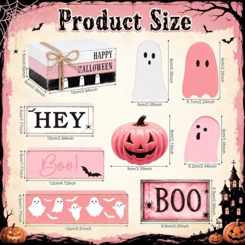 11 Pcs Halloween Table Decoration Pink Ghost Wooden Tiered Tray Decor Halloween Table Centerpiece Wooden Signs for Spooky Season Ghost Party Haunted Home Kitchen Shelf