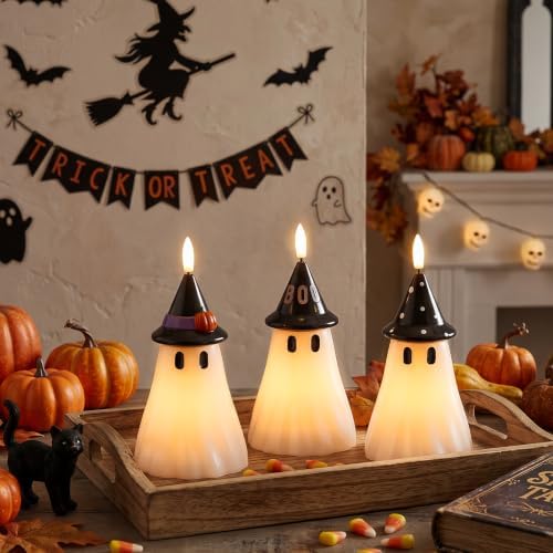 Halloween Decor Flameless Ghost Candles with Witch Hat, 3PCS