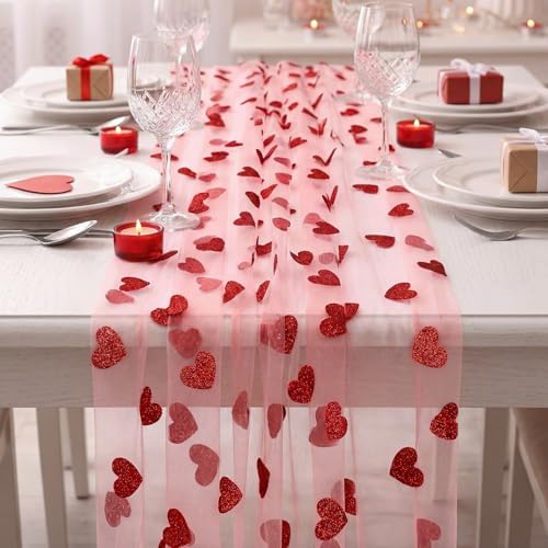 4 Pcs Pastel Table Runner 29x70 Inch Heart Tulle Valentines