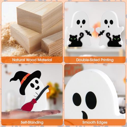 3 Pcs Halloween Ghost Decor - Cute Ghost Decorations Indoor, Wooden Tiered Tray Decor Table Sign Set, Halloween Table Decor Witch Broom Pumpkin Bat Blocks for Party Home Shelf Display
