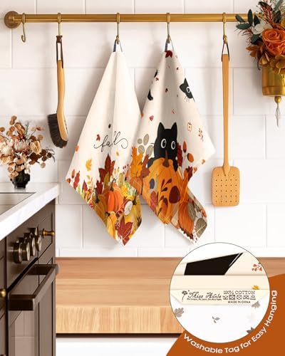 Miss Adola Fall Flour Sack Kitchen Towels Set of 2, Pumpkin Cats