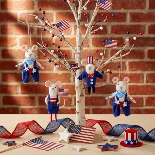 Hahafelt 4 Pcs 4th of July Felt Mice Ornament Cute Patriotic Wool Mouse Set
