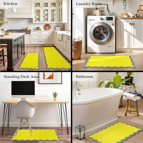 Arenarug Scalloped Kitchen Mats for Floor, Yellow Kitchen Rugs Set of 2
