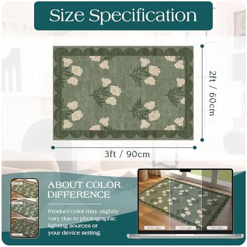 Front Door Mat Outside Entrance - 2x3 Sage Green Floral Entry Rug