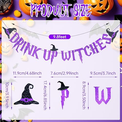 Purple Glitter Drink Up Witches Halloween Banner - Halloween Hanging Paper Garland Bunting Banner with Witch Hat Decorations, Photo Backdrop for Wall Home Mantle Office Wall Scary Party Supplies