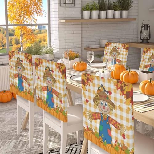 LooPoP Fall Chair Covers Set of 6 Scarecrows Crow Pumpkin Chair Slipcover Protector Stretch Chair Covers Maple Leaf Orange Buffalo Plaid Thanksgiving Chair Back Covers for Dining Chairs Kitchen Party