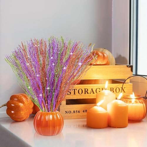 YBB 30Pcs Halloween Artificial Glitter Branches, 17 Inch Fall Stem Floral Picks Decorative Twigs for Halloween Thanksgiving Day Home Table Vase Decoration (Green&Purple&Orange)