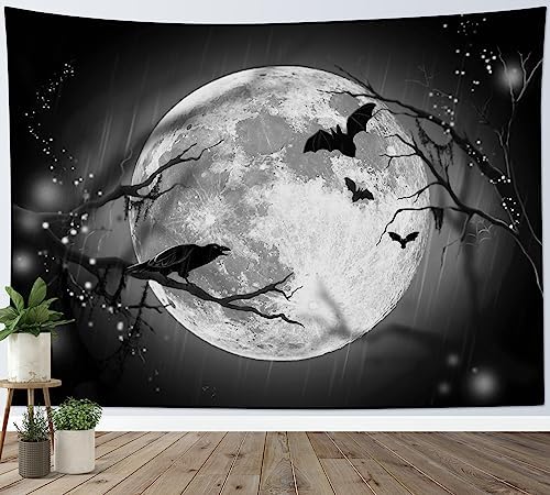 LB Halloween Full Moon Tapestry, Horror Black Crow with Bat on Grey and Black Night Sky Wall Tapestry for Bedroom, Creppy Bat Wall Hanging Tapestry Wall Art for Living Room Home Decor, 59 x 51 Inches