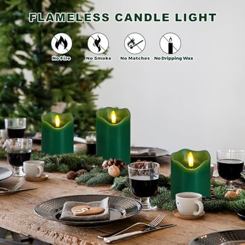 Green Flameless Candles Set of 3, Christmas LED Candles with Remote & Timer