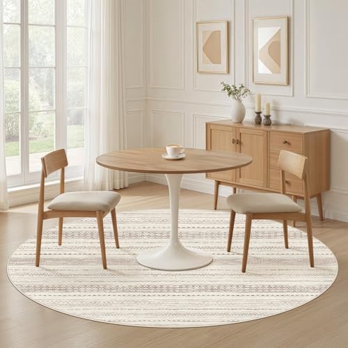 Nakagishi Round Rug Boho Area Rugs: 5x5 Washable Large Circle Neutral Soft Stain Resistant Non-Slip Carpet for Women