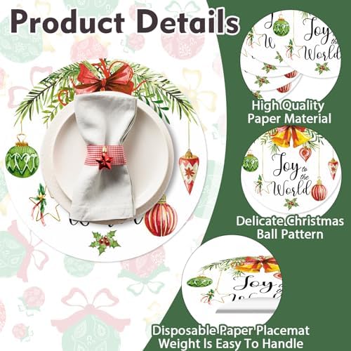 50 Pack Christmas Paper Placemats Disposable 13.4 Inch Christmas Ball Place Mats Xmas Decorative Round Table Mats for Winter Holiday Birthday Wedding Baby Shower Party Supplies
