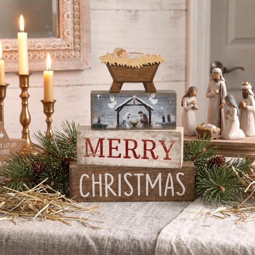 Lineshading 4 Pcs Nativity Christmas Wooden Block Signs Farmhouse Decor