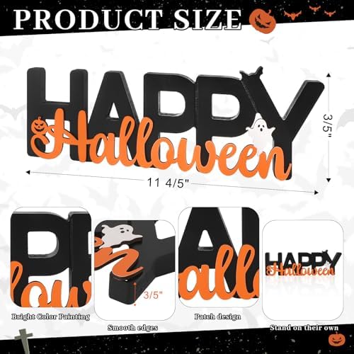 COCHIE Wooden Happy Halloween Sign, Ghost Decorations for Home, Office, Shelf, Mantel, Indoor, Wood J-o-lantern Pumpkin Decor, Black Orange Spooky Table Top Party Decoration (Happy Halloween)