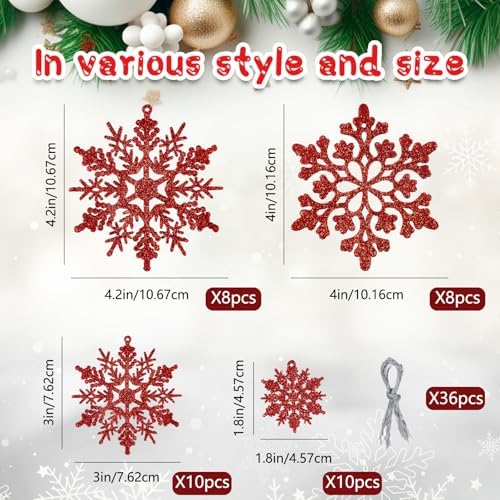 36pcs Red Christmas Snowflake Ornaments, Plastic Glitter Hanging Snow Flakes for Christmas Tree Decorations Winter Wonderland Frozen Birthday Party Holiday Home Decor Craft Snowflakes